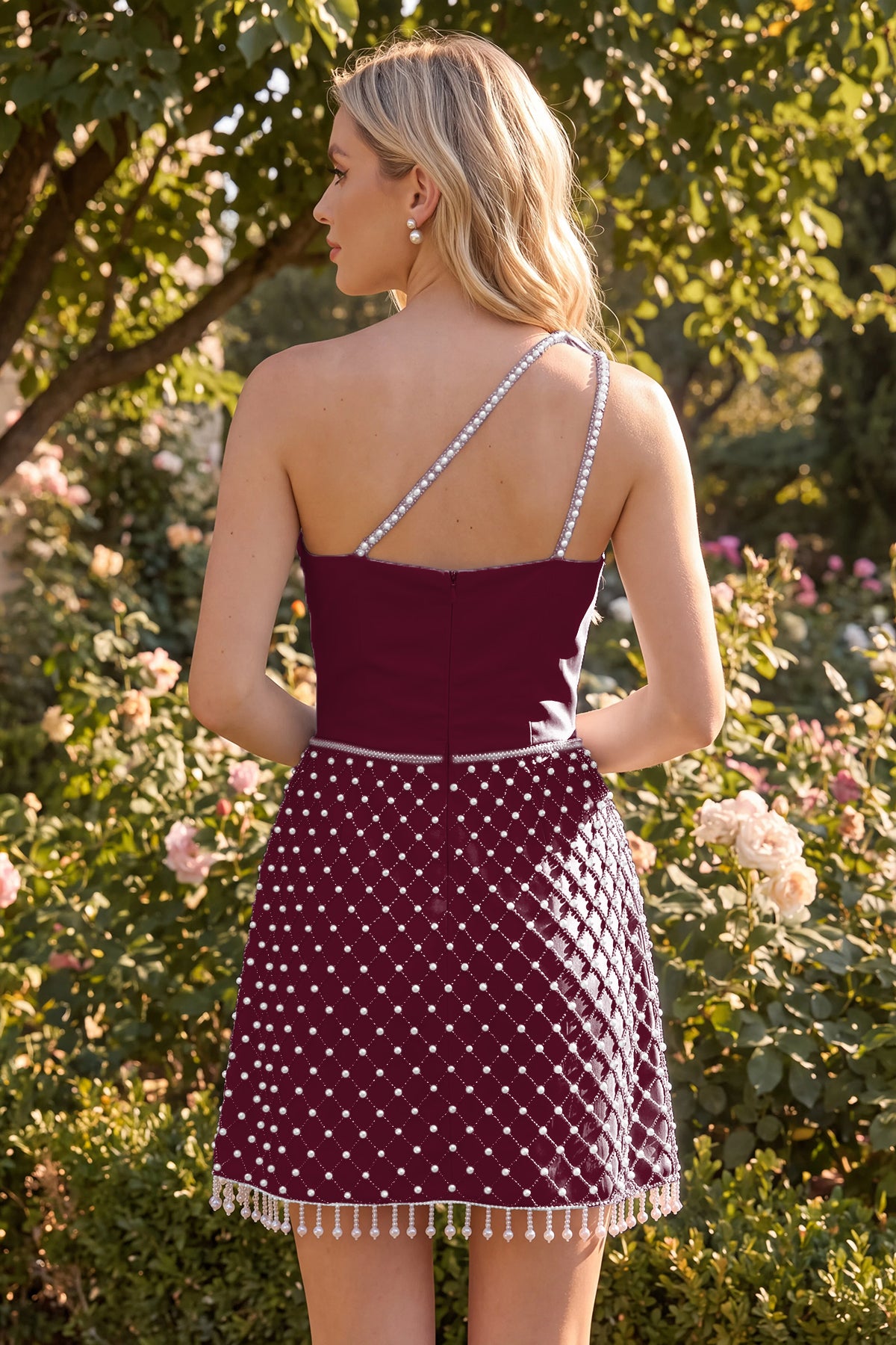 Light Burgundy Beaded Pleated Slit Homecoming Dress Back View