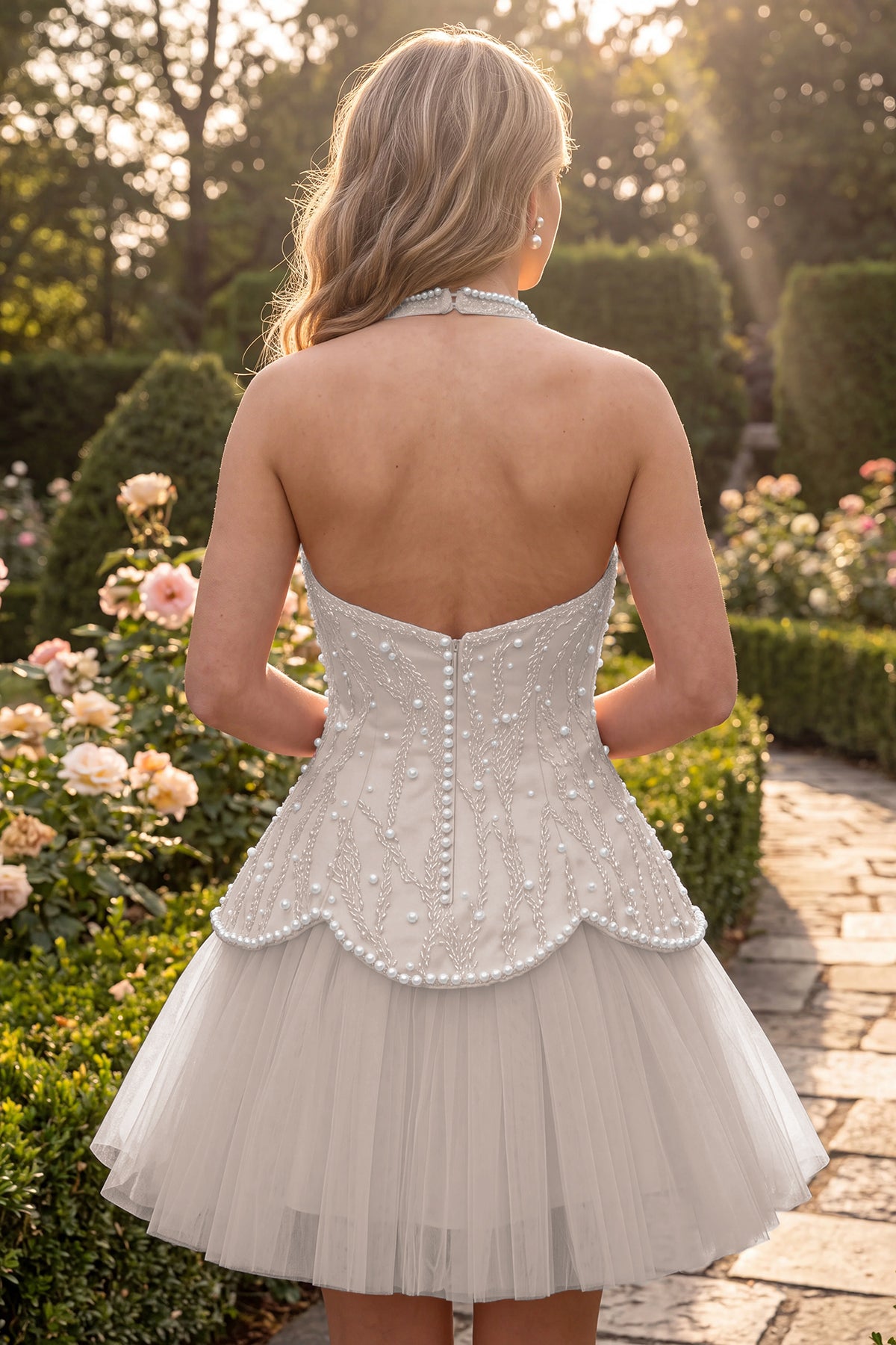 Blush Pink Pearl A Line V Neck Homecoming Dress Back View
