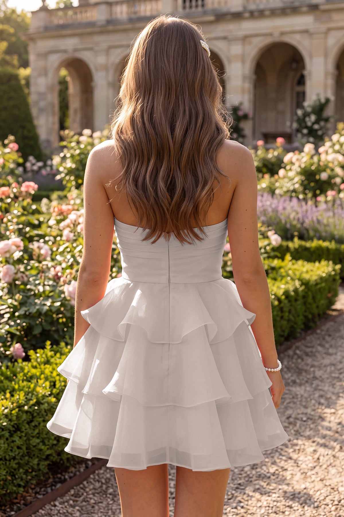 Blush Pink Flower Detail Strapless Homecoming Dress Back View