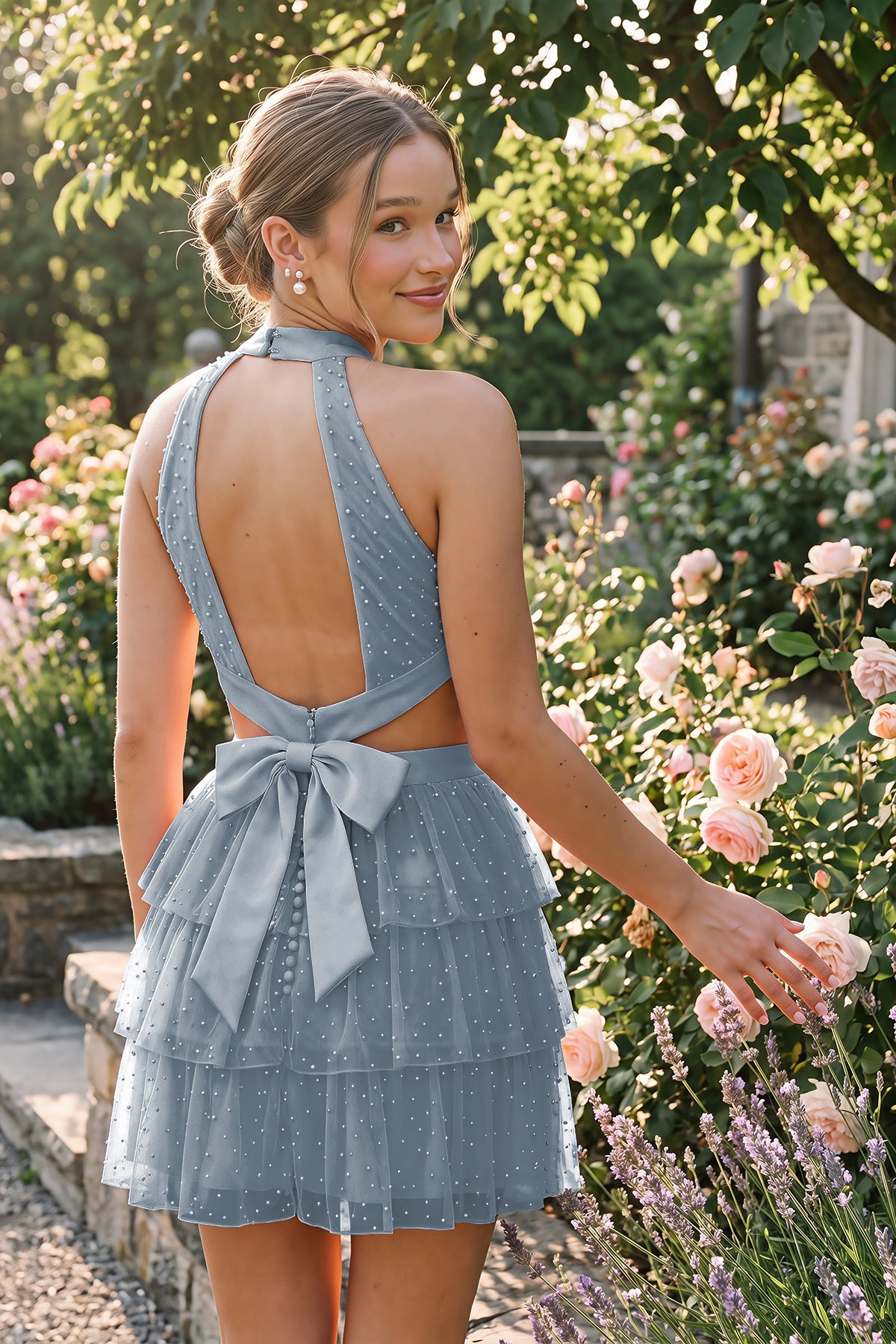 Dusty Blue Tiered Bow Detail Halter Homecoming Dress Back View