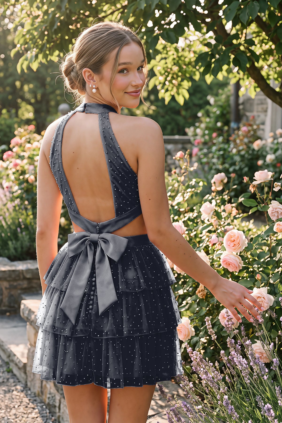 Navy Blue Tiered Bow Detail Halter Homecoming Dress Back View