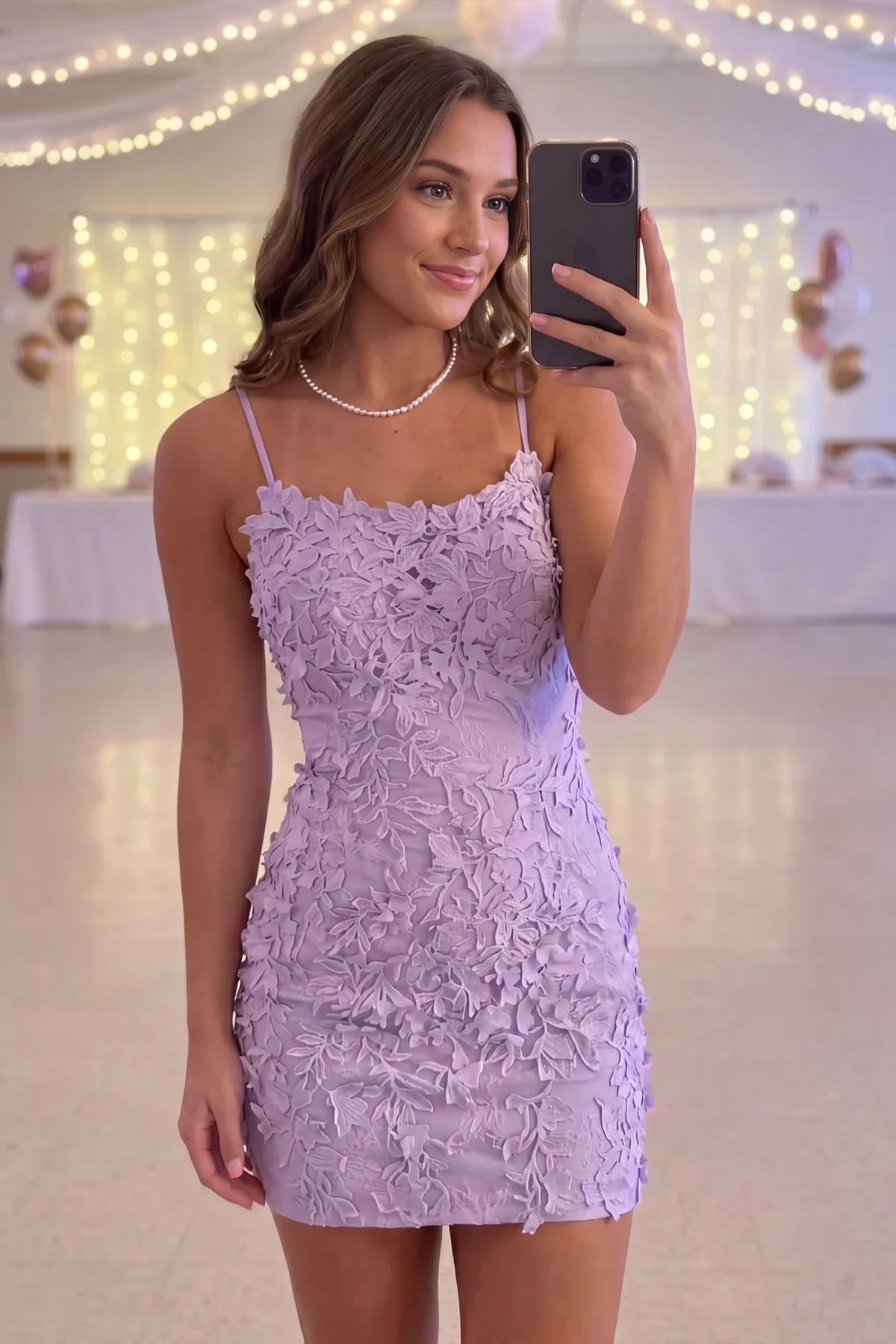 Black Lace Spaghetti Straps Appliqu¨¦s Homecoming Dress Front View
