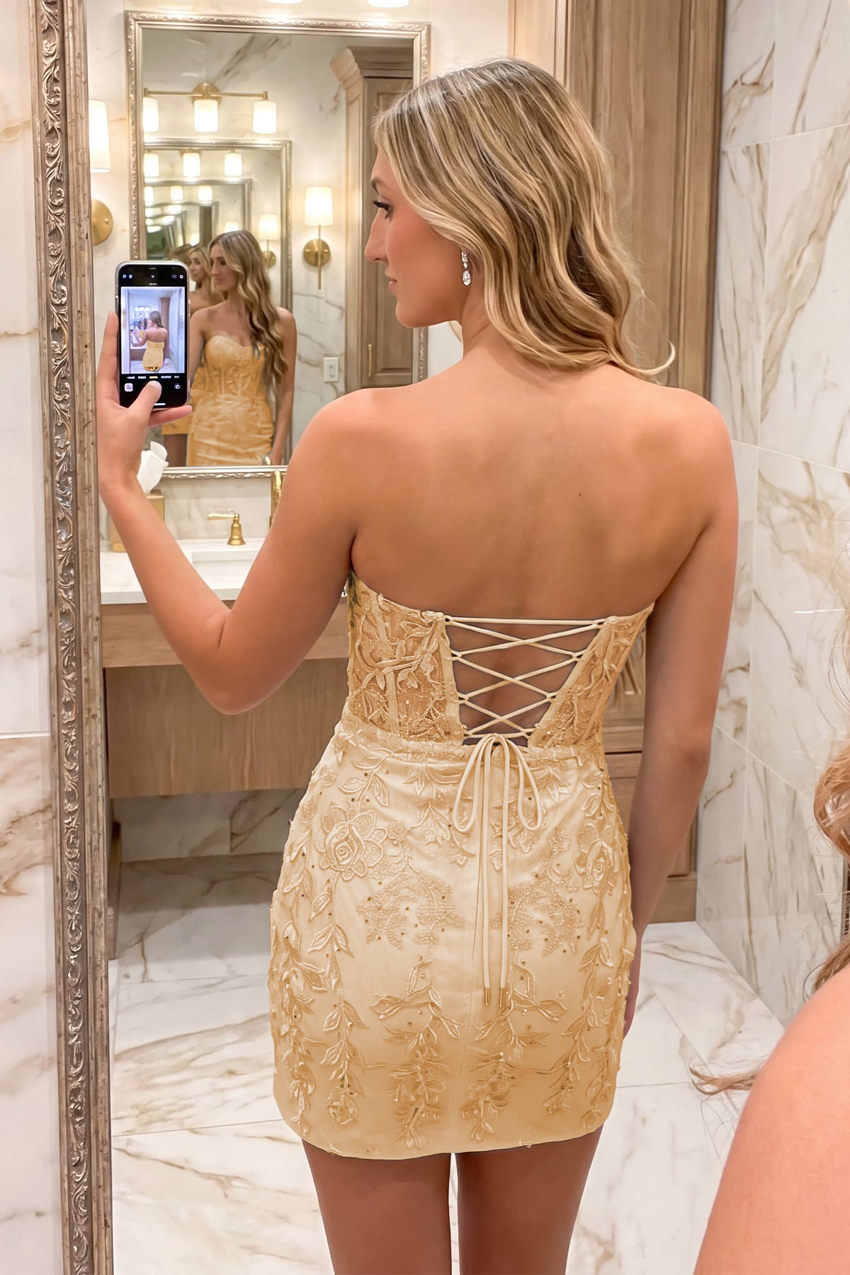 Orange Sweetheart Strapless Lace Homecoming Dress Back View