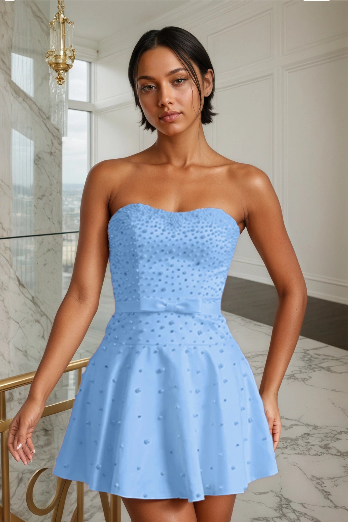 Sky Blue Bowknot Pearl A-Line Strapless Homecoming Dress Front View