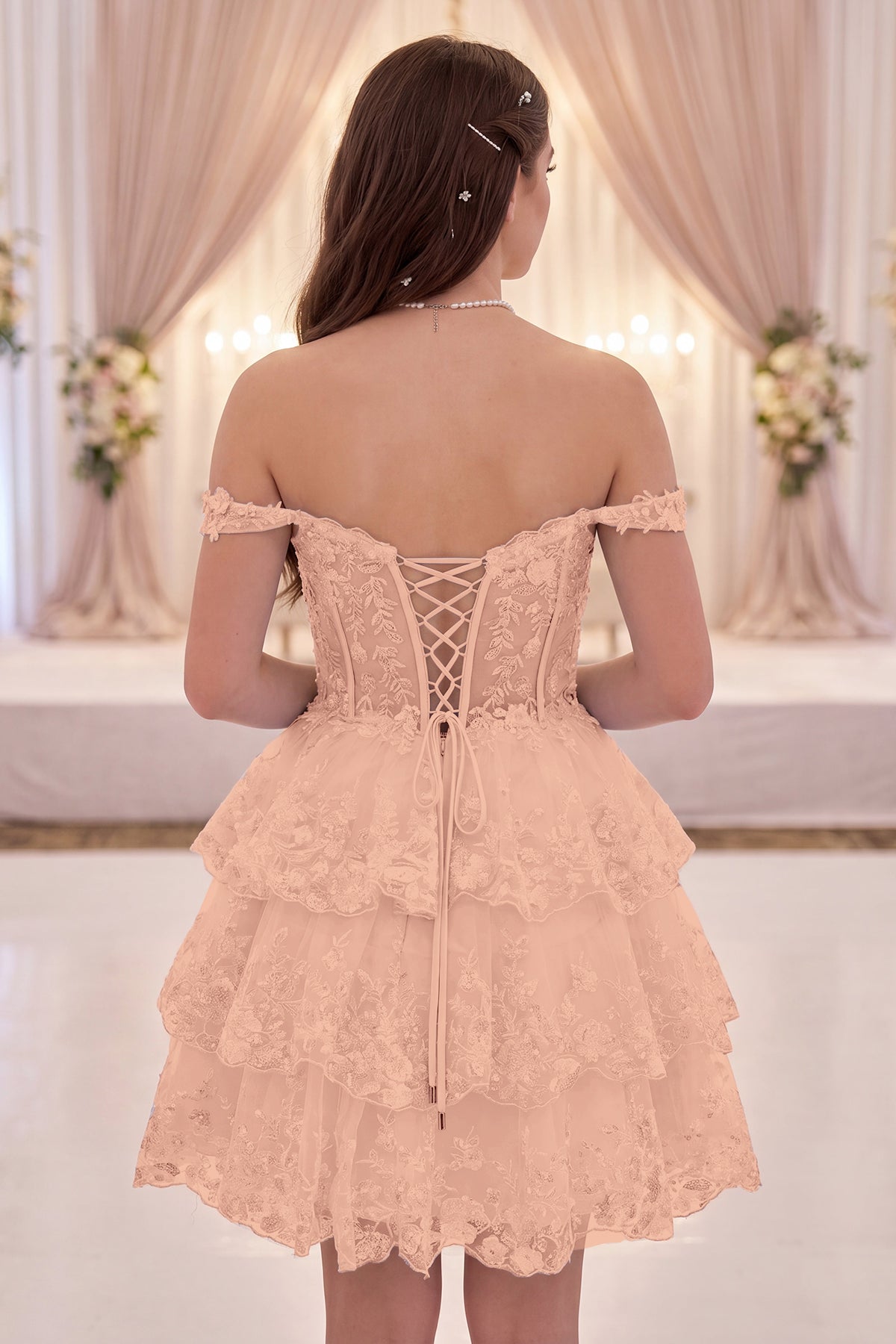 Orange lace tulle a-Line tiered homecoming dress back view
