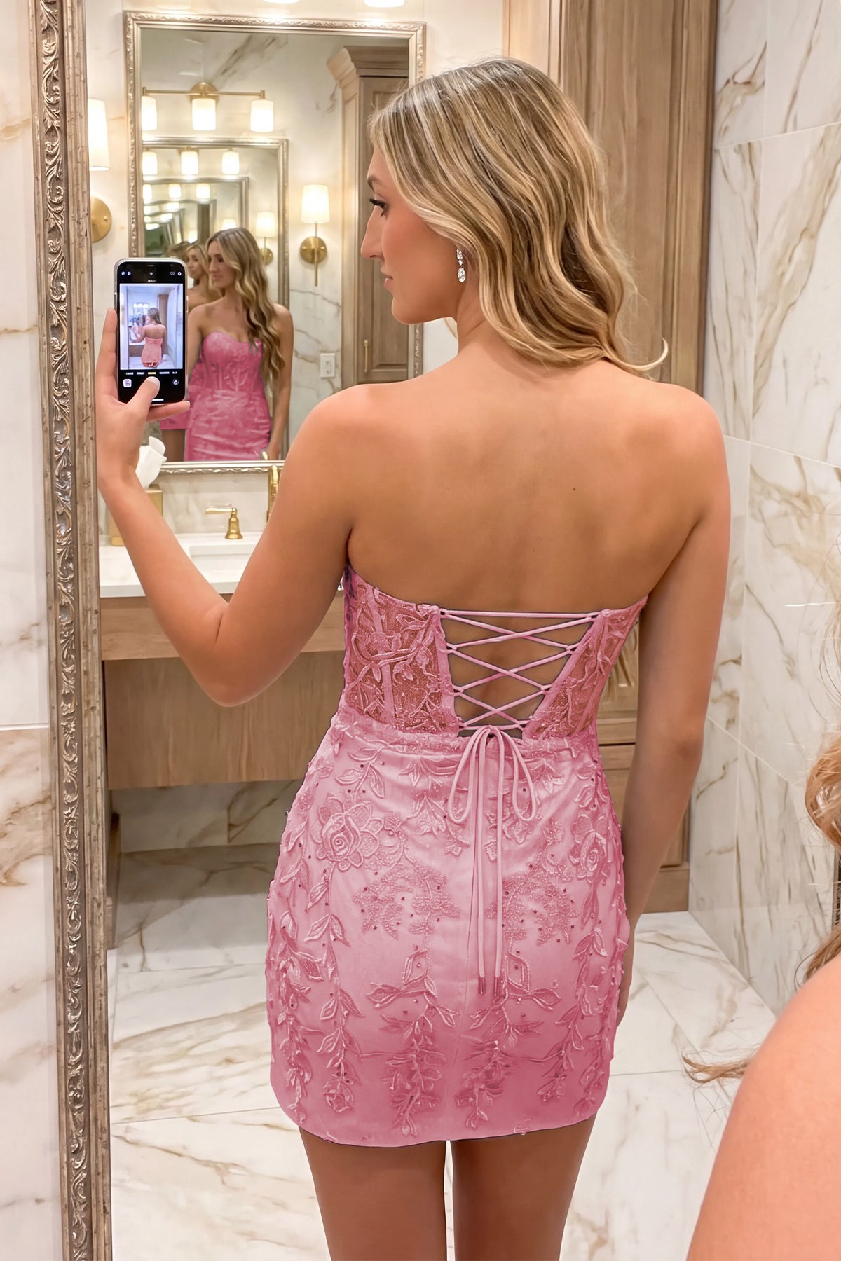 Pink Sweetheart Strapless Lace Homecoming Dress Back View