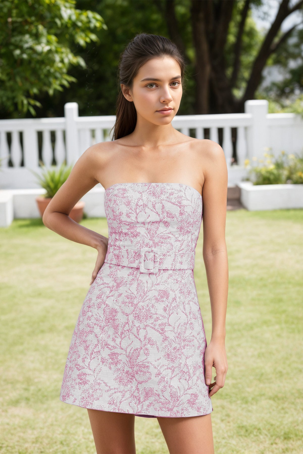 Light Pink Belt Jacquard Sheath Strapless Homecoming Dress Front View