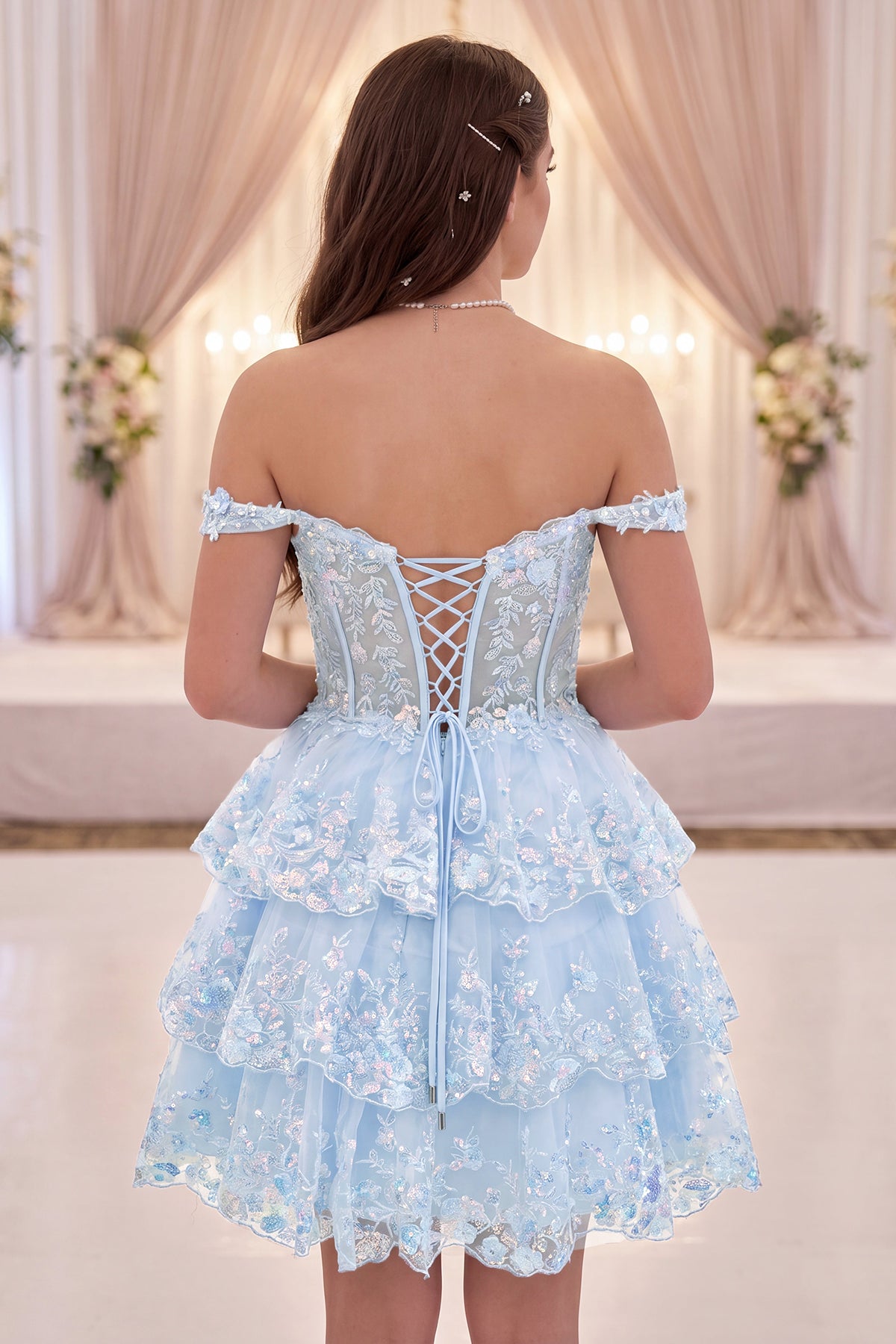 Burgundy lace tulle a-Line tiered homecoming dress back view