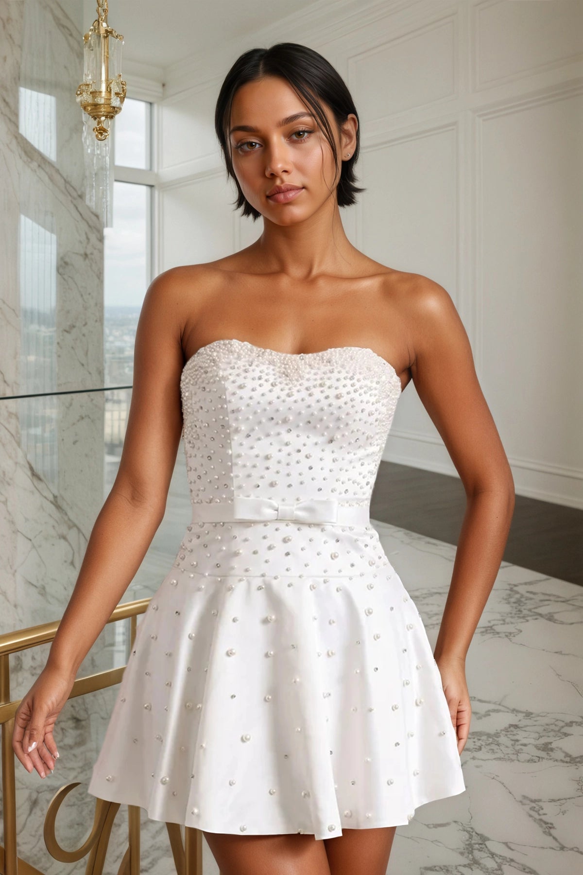 Hot Pink Bowknot Pearl A-Line Strapless Homecoming Dress Front View