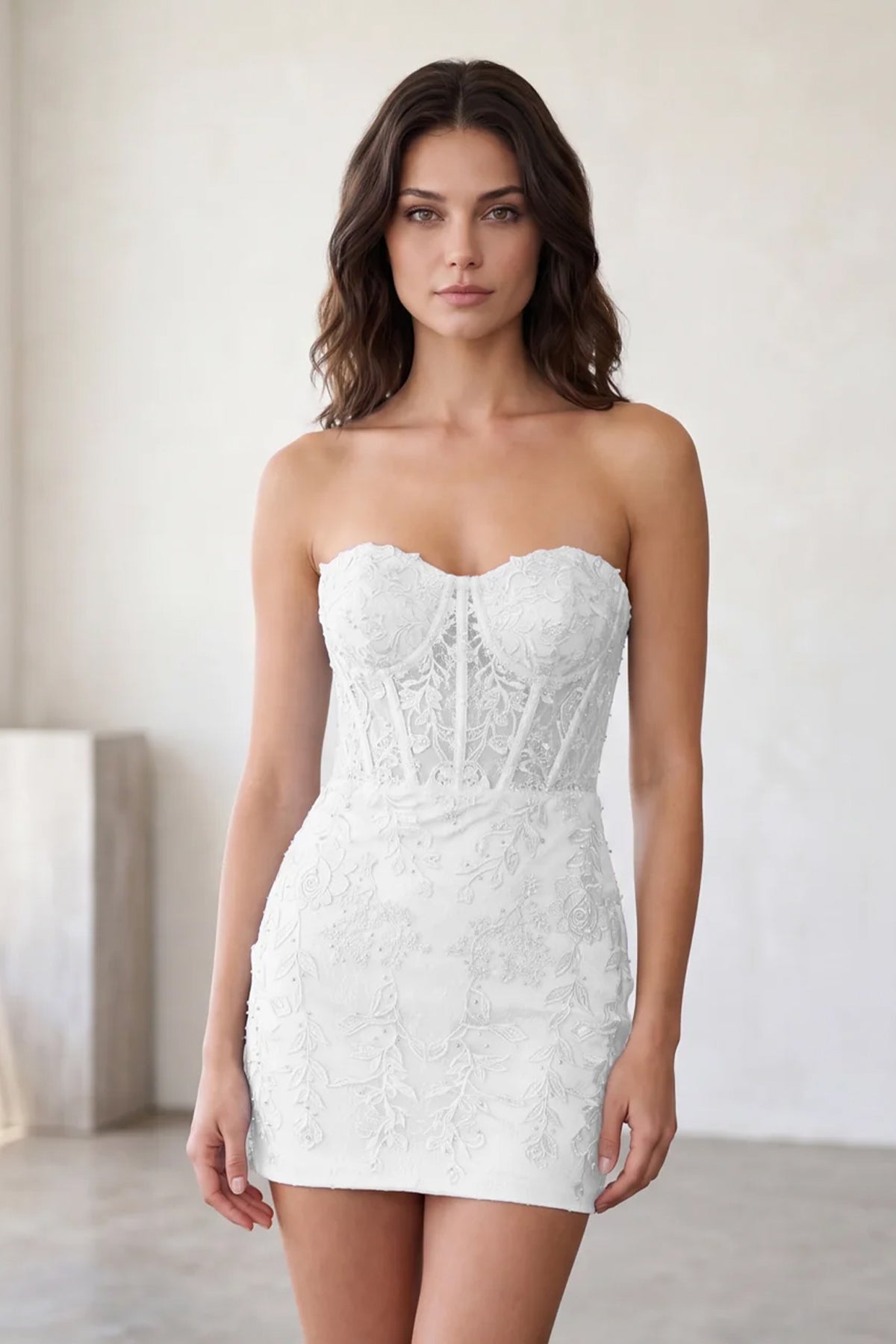 White Sweetheart Strapless Lace Homecoming Dress Front View