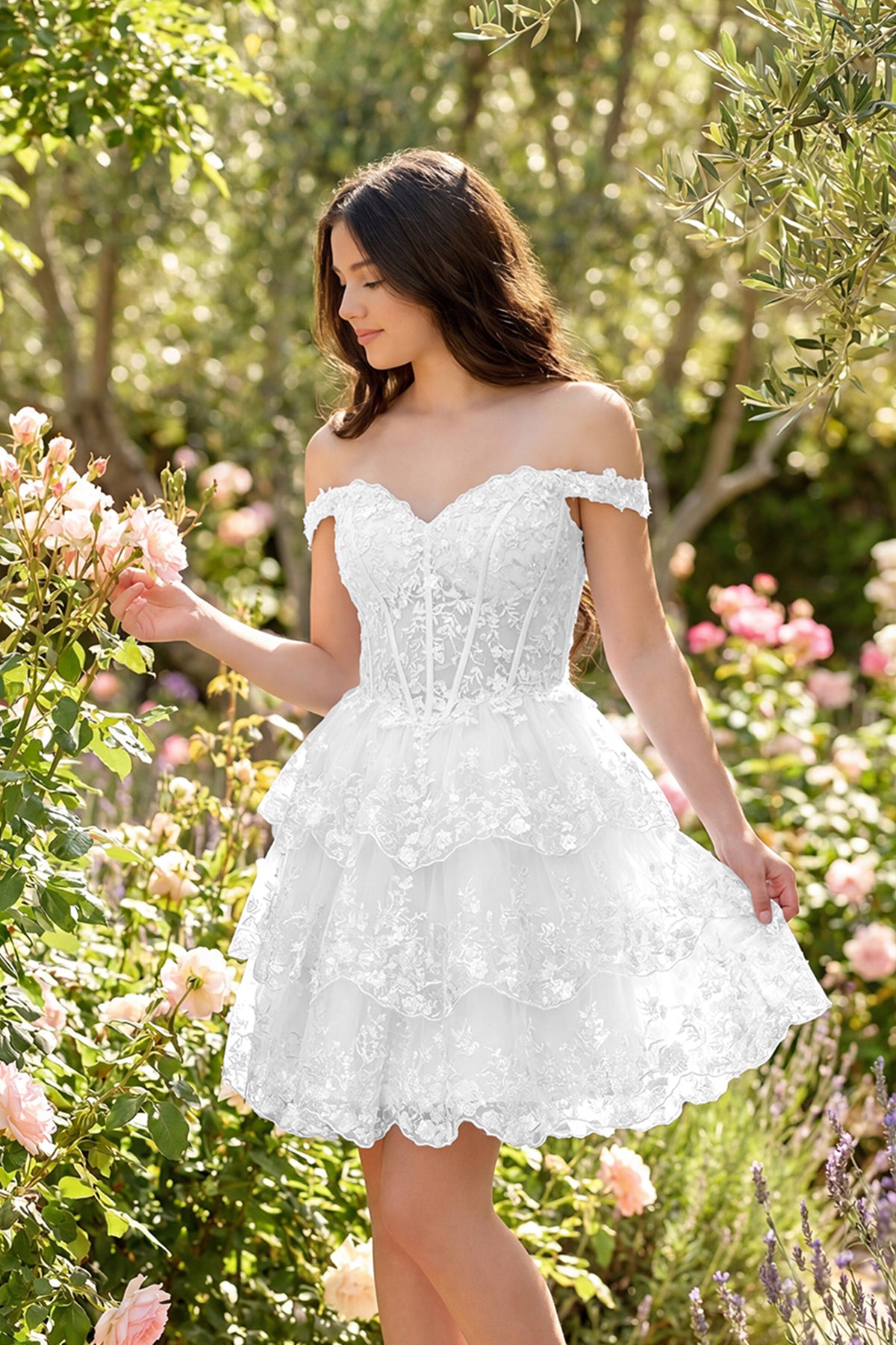 Black lace tulle a-Line tiered homecoming dress front view
