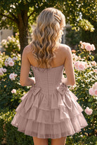 Yellow Corset Detail A Line Strapless Homecoming Dress Front View