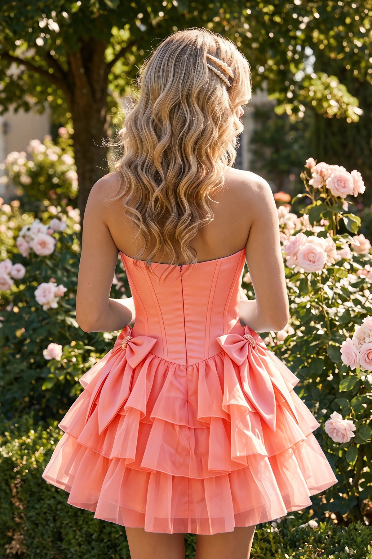Light Burgundy Corset Detail A Line Strapless Homecoming Dress Front View