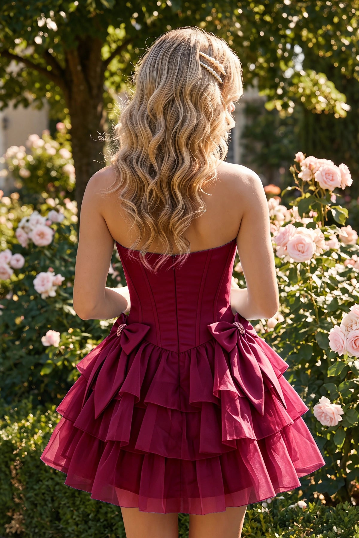 Fuchsia Corset Detail A Line Strapless Homecoming Dress Front View