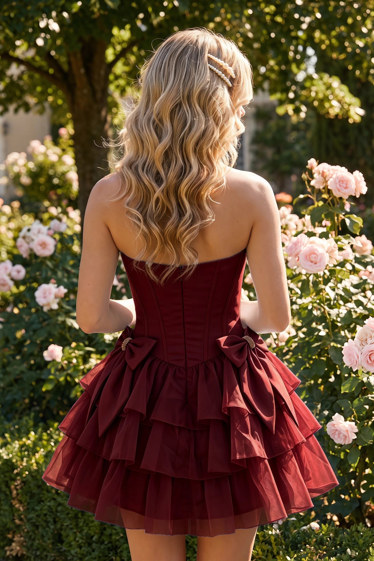 Coral Corset Detail A Line Strapless Homecoming Dress Front View
