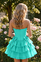 Dusty Blue Corset Detail A Line Strapless Homecoming Dress Front View