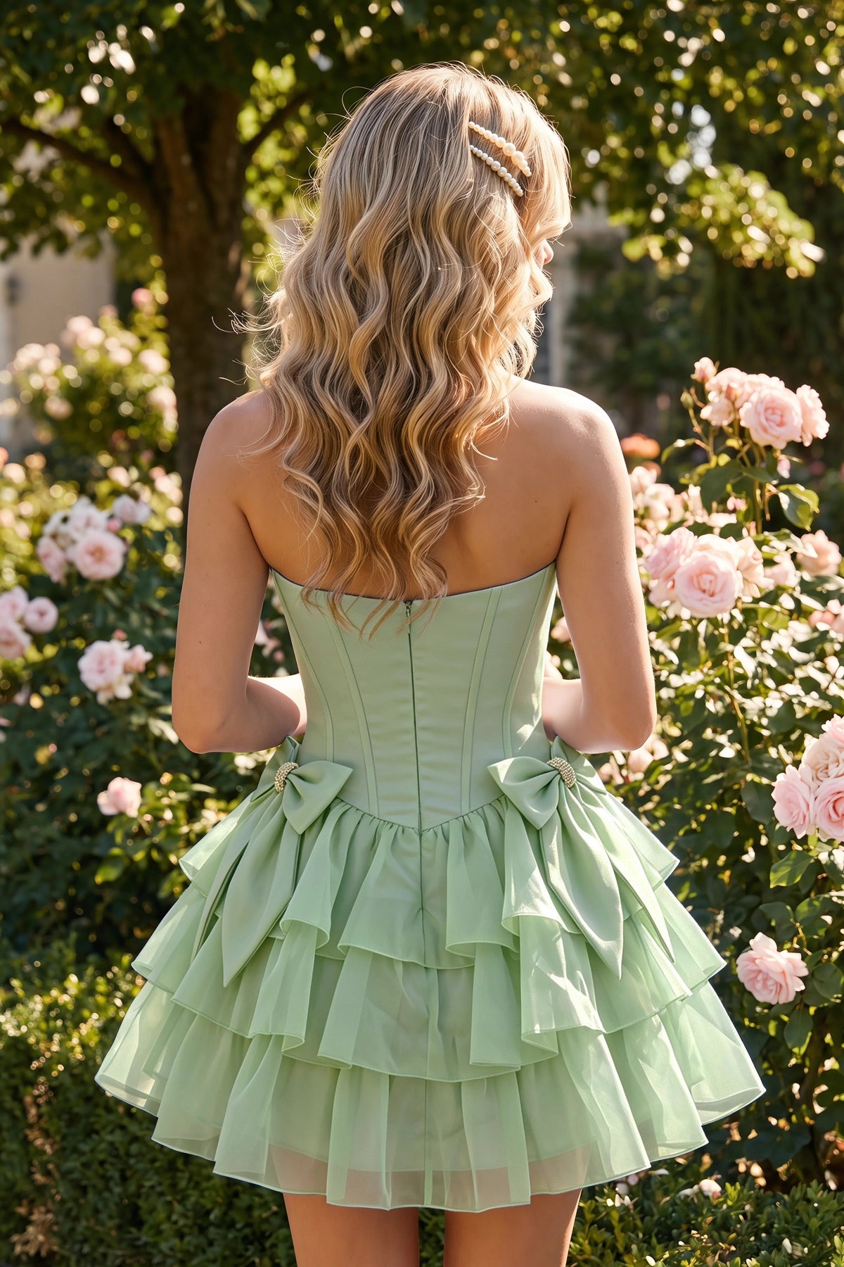 Olive Green Corset Detail A Line Strapless Homecoming Dress Front View