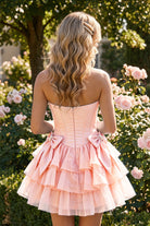 Sky Blue Corset Detail A Line Strapless Homecoming Dress Front View