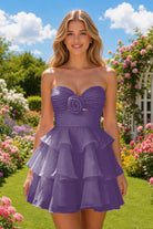 Purple Flower Detail Strapless Homecoming Dress Front View