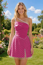 Lavender Beaded Pleated Slit Homecoming Dress Front View