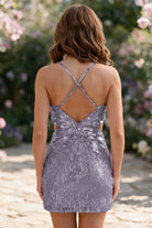 Wisteria Spaghetti Straps Sequin V Neck homecoming dress back view