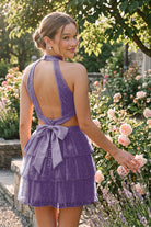 Purple Tiered Bow Detail Halter Homecoming Dress Back View