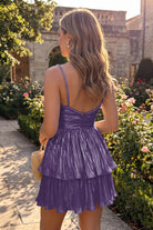 Purple Metallic Tiered Short Homecoming Dress Back View