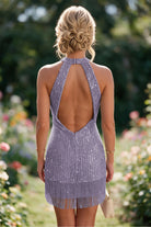 Wisteria Tassel Halter Sheath Sequin Homecoming Dress Back View