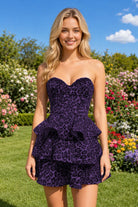 Purple Leopard Print Ruffles Sweetheart Homecoming Dress Front View