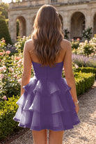 Purple Flower Detail Strapless Homecoming Dress Back View