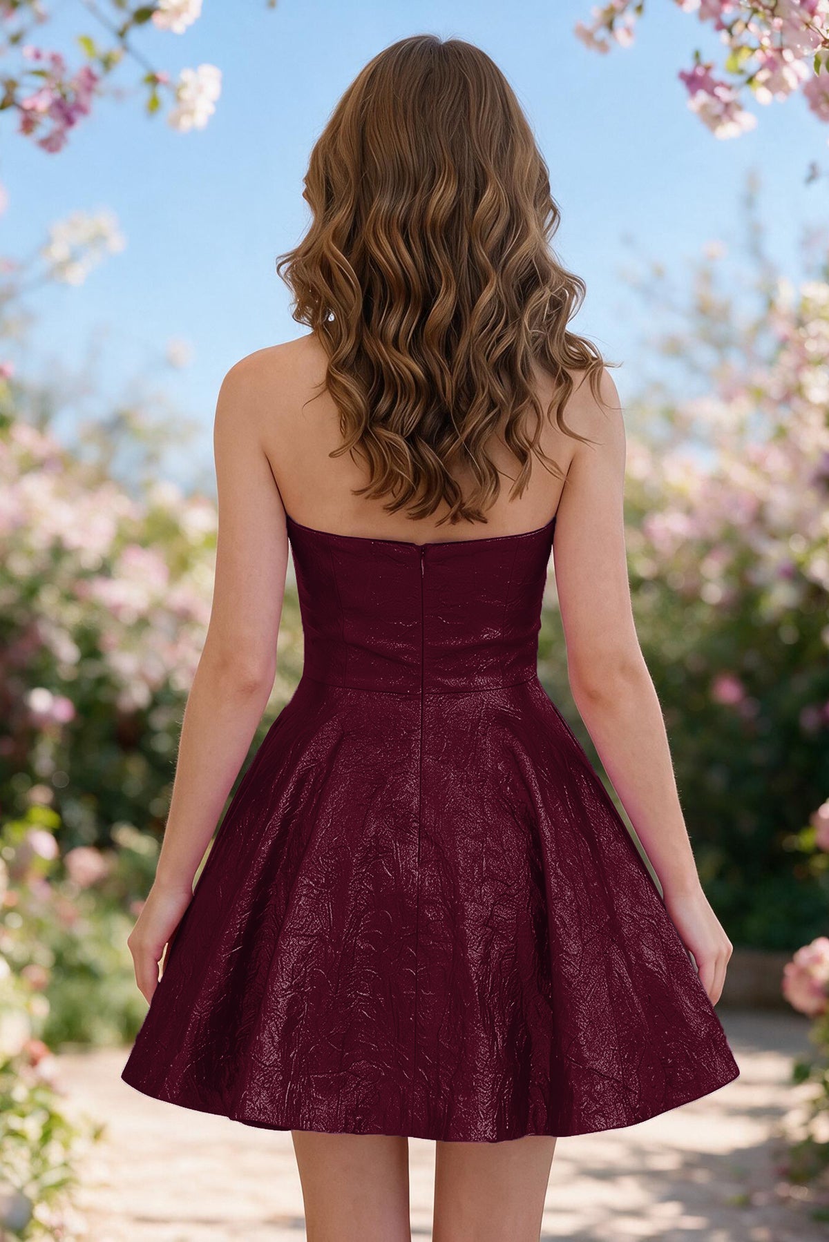 Light Burgundy metallic bow-detail a-line homecoming dress back view
