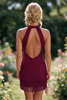 Light Burgundy Tassel Halter Sheath Sequin Homecoming Dress Back View