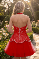 Red Pearl A Line V Neck Homecoming Dress Back View