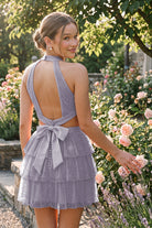 Wisteria Tiered Bow Detail Halter Homecoming Dress Back View