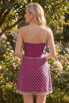 Purple Beaded Pleated Slit Homecoming Dress Back View