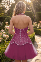 Fuchsia Pearl A Line V Neck Homecoming Dress Back View