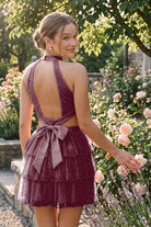 Light Burgundy Tiered Bow Detail Halter Homecoming Dress Back View