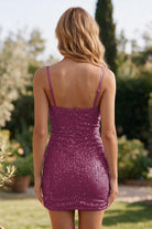 Fuchsia sweetheart sheath sequin homecoming dress back view