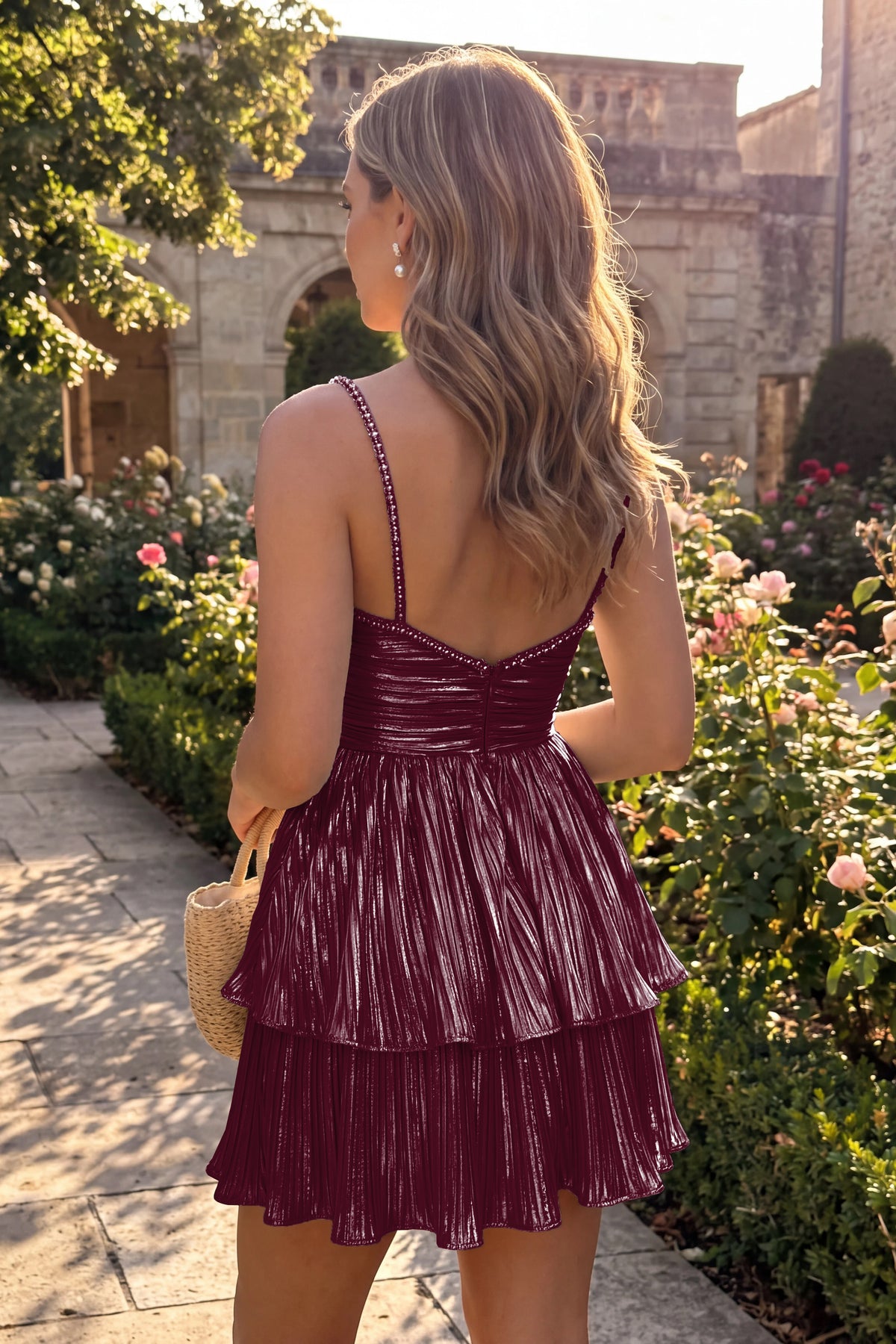 Light Burgundy Metallic Tiered Short Homecoming Dress Back View