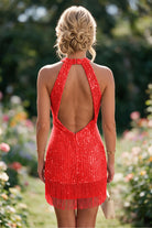 Red Tassel Halter Sheath Sequin Homecoming Dress Back View