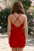 Red Spaghetti Straps Sequin V Neck homecoming dress back view
