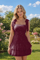 Light Burgundy Tassel Halter Sheath Sequin Homecoming Dress Front View