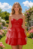 Red Flower Detail Strapless Homecoming Dress Front View