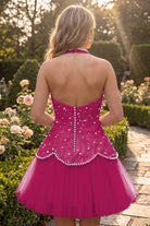 Fuchsia Pink Pearl A Line V Neck Homecoming Dress Back View