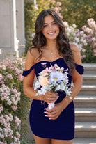 Navy Blue Off The Shoulder Bodycon Short Homecoming Dresses front view