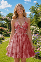 Red Beaded Floral Details A Line Homecoming Dress Front View