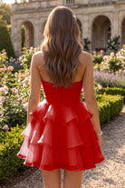 Red Flower Detail Strapless Homecoming Dress Back View