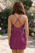 Fuchsia Spaghetti Straps Sequin V Neck homecoming dress back view