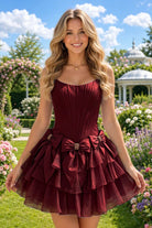 Coral Corset Detail A Line Strapless Homecoming Dress Back View