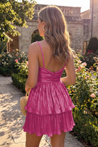 Hot Pink Metallic Tiered Short Homecoming Dress Back View